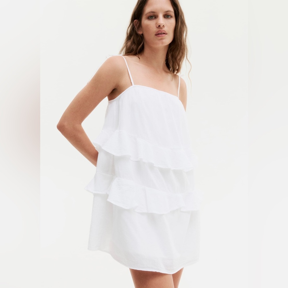 H&M White Tiered Ruffle Tie-Strap Cotton Dress size small - Picture 2 of 5